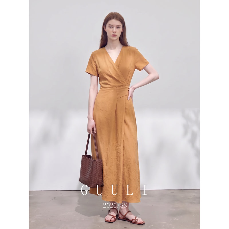 Casual Vacation Style Orange V-Neck Short-Sleeve Tie-Waist Dress for Women, 2026 New Summer Gentle Little Dress