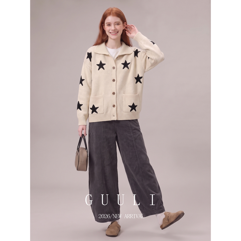Relaxed Vibe Apricot-Colored Star Jacquard Collared Knit Sweater with Dark Gray Pants, High-Class Miu Miu Style Outfit Relaxed Vibe Apricot-Colored Star Jacquard Collared Knit Sweater with Dark Gray Pants, High-Class Miu Miu Style Outfit