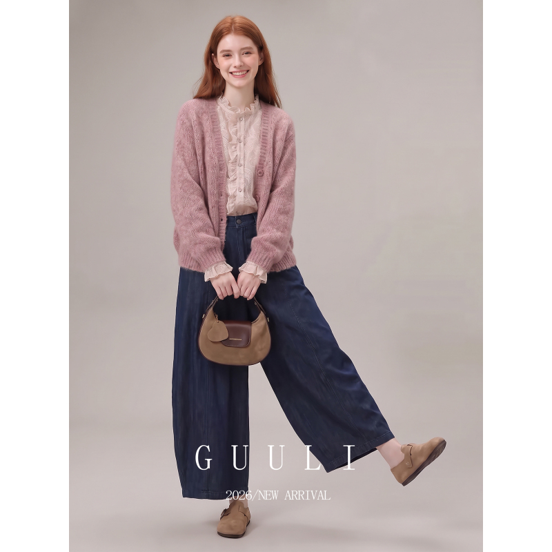 French-Style Soft Pink Knit Cardigan Sweater and Wide-Leg Pants Set for Women, 2026 Autumn Complete Outfit with a High-End Feel