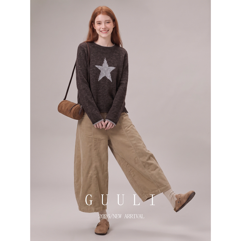 Retro Star Jacquard Crew Neck Knit Sweater Khaki Wide-Leg Pants Set Autumn Korean Style Outfit Complete Set Retro Star Jacquard Crew Neck Knit Sweater Khaki Wide-Leg Pants Set Autumn Korean Style Outfit Complete Set
