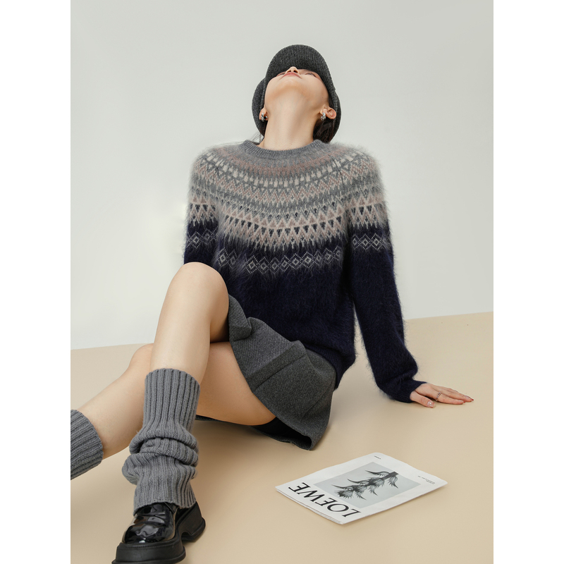 Navy Blue Fair Isle Jacquard Brushed Knit Sweater for Women, Winter Casual High-End Base Layer Top