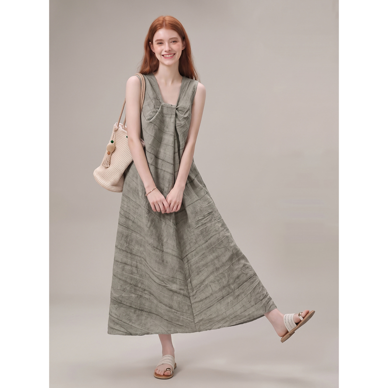 French Twist Sleeveless Gray Linen Tank Dress Long Skirt Relaxed Style Women's Dress 2026 New Summer Model