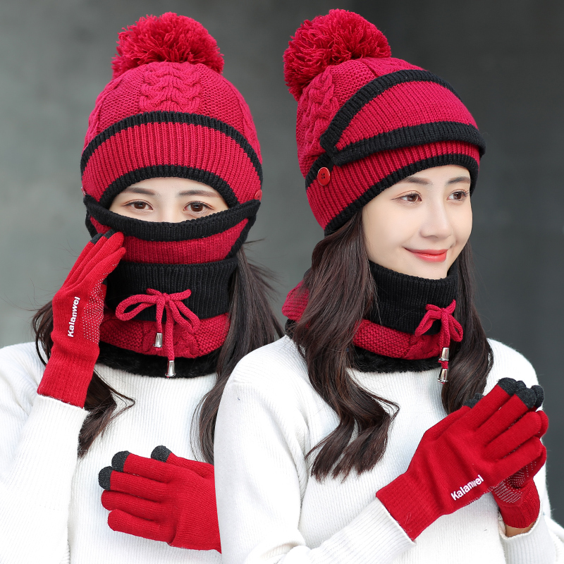 Hat bib mask gloves one woman winter plus thick warm winter cycling cold knitted beanie hat