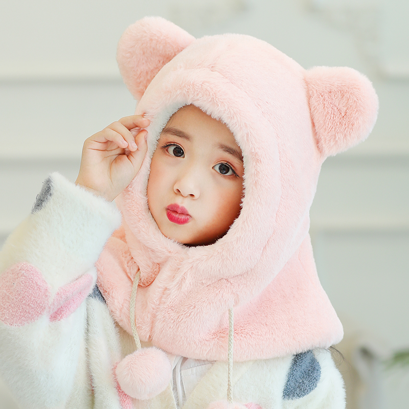 Children's hat autumn winter girl's windproof protective ear integrated plush hat warm surrounding neck childlike baby baby cute tide