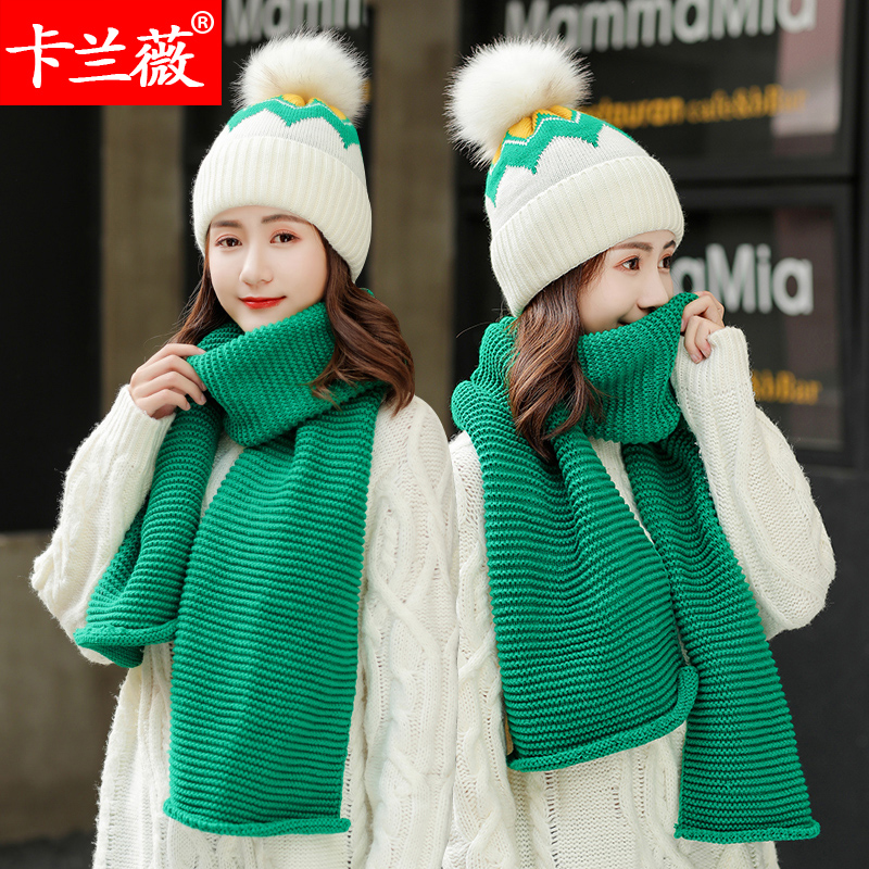 Woolen hat scarf two-piece set women's autumn winter thick warm ear protector hat winter fashion Korean version of the tide knit hat