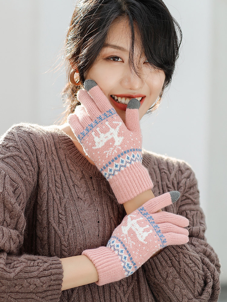 Touch screen gloves Women's winter warm cute Korean version of student cycling thickened Christmas with hands woven wool gloves