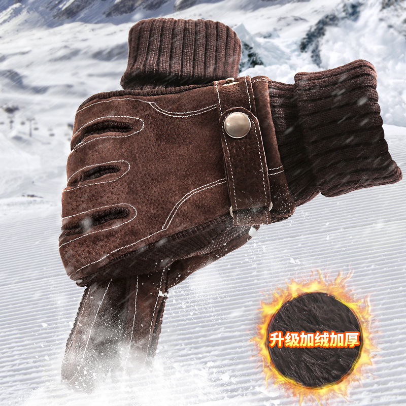 Real leather gloves men's winter riding anti-cold and warm thickening plus suede touch screen outdoor driving locomotive cotton winter