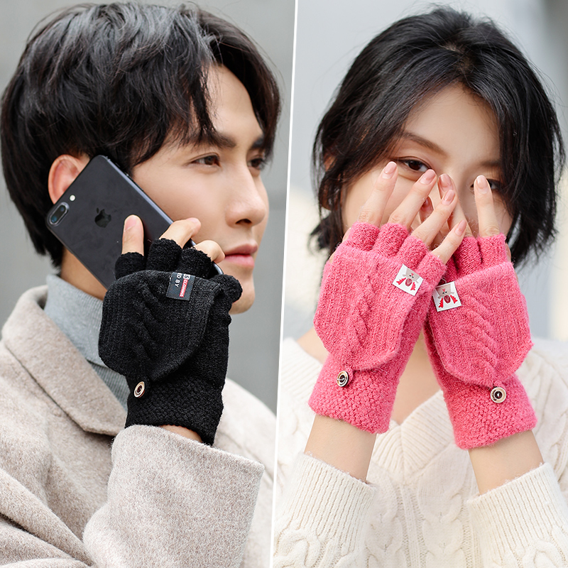 Knitted hair gloves male winter couple half finger-tumbled cover and thickening lady warm riding wave