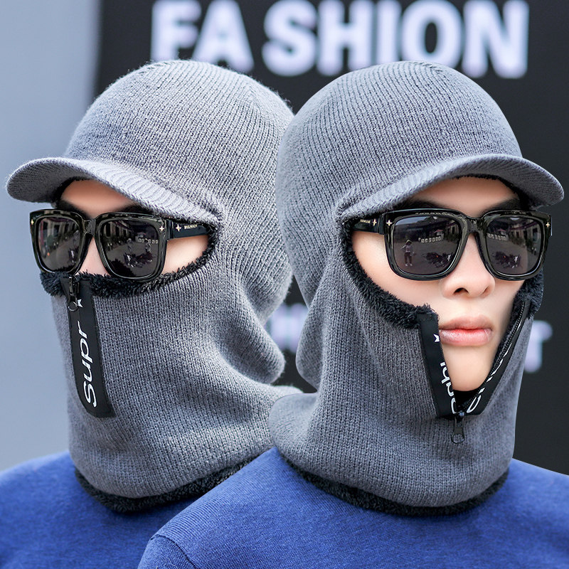 Hat men's winter ear protection plus velvet knitted woolen hat Korean version thickened warm scarf one hat outdoor cycling hat