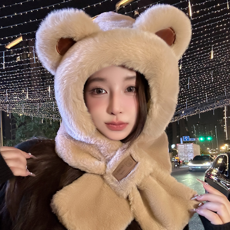 Cute teddy bear hat, warm scarf, and hooded neck warmer for women, 2026 autumn/winter new style, thickened fleece for cycling.