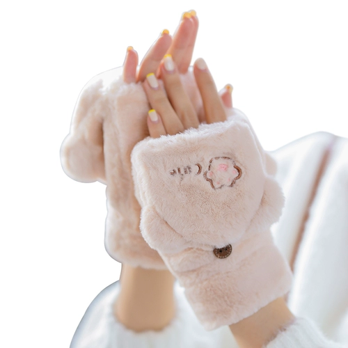 Бархатные перчатки, зимний милый удерживающий тепло демисезонный флисовый комплект для школьников, в корейском стиле, увеличенная толщина, без пальцев