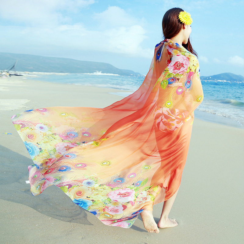 Silk scarf women's spring long version of the print wild air conditioning shawl Summer seaside sunscreen beach towel Korean version of Chiffon scarf