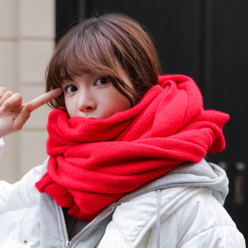 Korean version of solid color knitted wool scarf Women's winter shawl wild couple scarf Men's long winter thickened warm