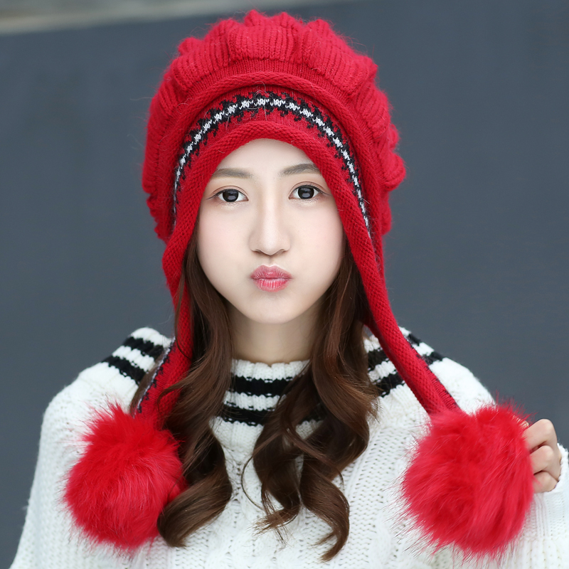 Rabbit hair hat women's winter Korean version of the tide sweet fashion cute winter knitted wool hat thickened warm ear cap