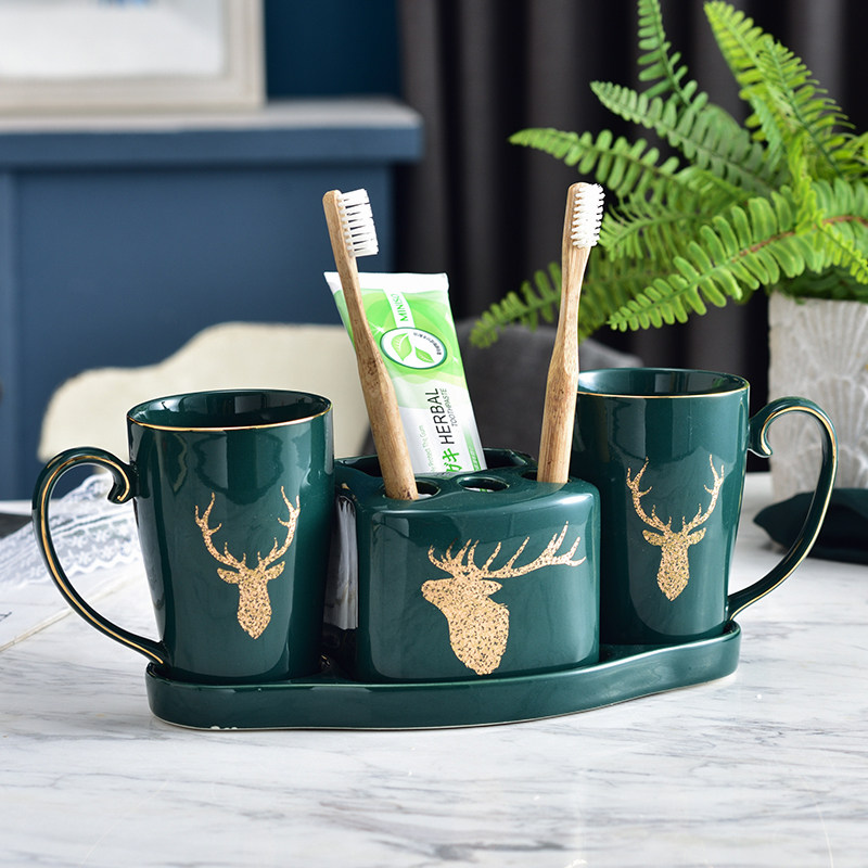 Nordic Ceramics Bathroom Five Pieces Sets Green Bathrooms Accessories Toothbrushing Cup Toiletries Cup Washroom Wash Suit Light Lavish