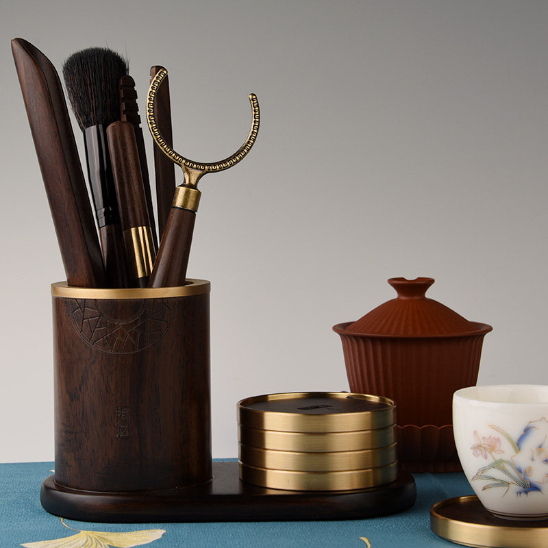 Upscale Tea Road Six SOLID WOOD BLACK SANDALWOOD SUIT TEA CLIP PEN HOLDER TEA CUP CUSHION PURE BRONZE KONGFU TEA ACCESSORIES GRAND TOTAL