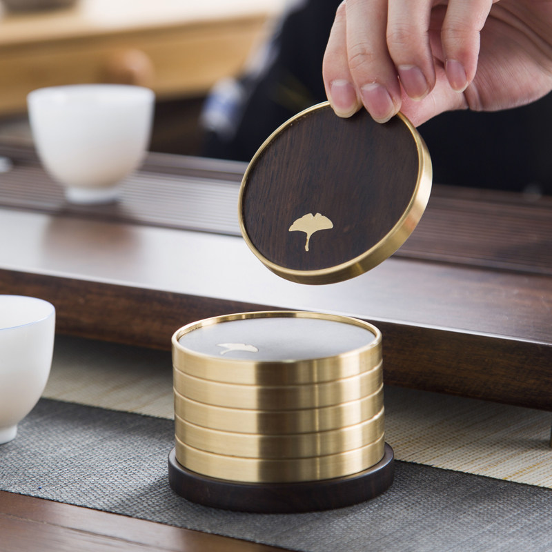 Ebony light luxury pure copper tea cup holder coaster Japanese home kung fu tea set tea ceremony accessories wooden insulation mat