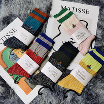 Japans Western Queen Mother Saturn embroidered socks autumn and winter womens mid-tube stockings Japanese wild girl pink spring and autumn tide socks