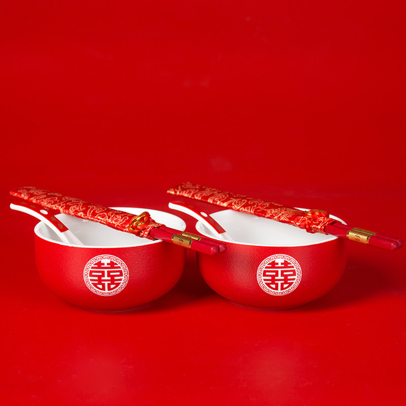 Wedding bowl chopsticks set dowry pair bowl ceramic red cup chopsticks wedding companion gift wedding supplies new gift