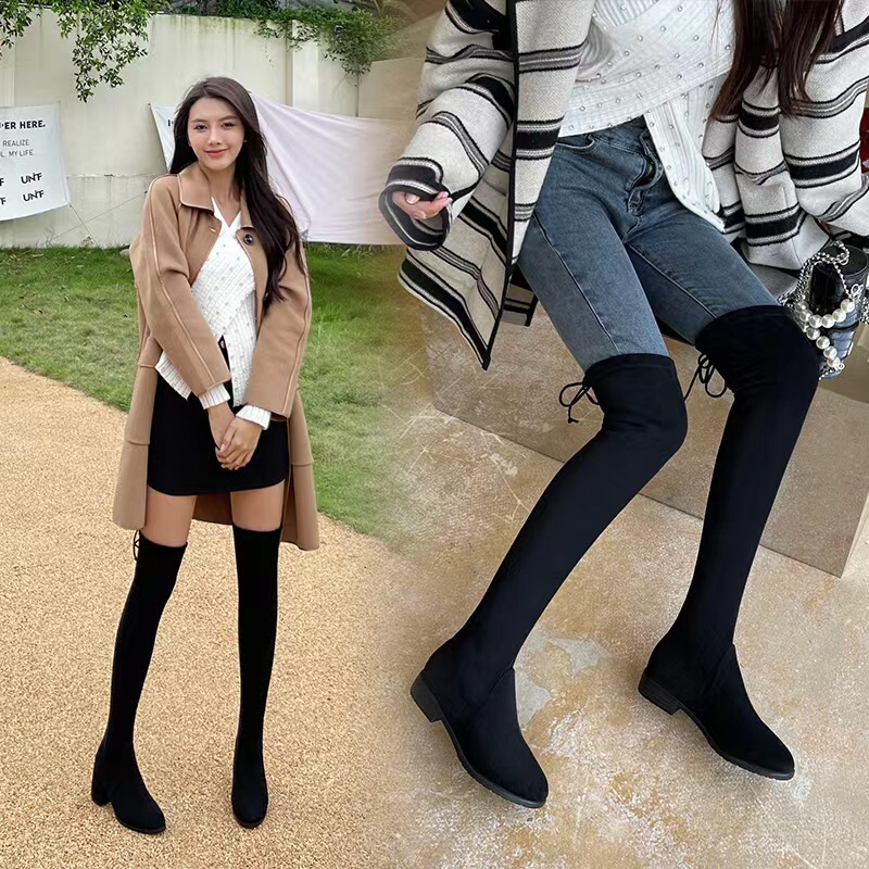 Over-The-Knee Boots for Women 2025 Autumn and Winter New Style Fleece-Lined Long Boots Knight Martin Cotton Shoes Elastic High Boots