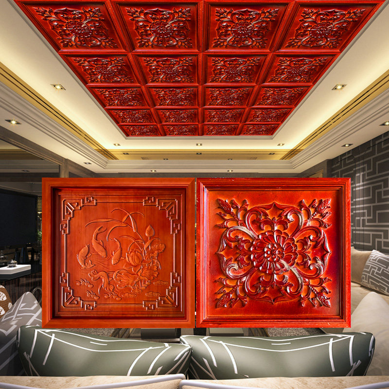 Dongyang wood carving plate hollow screen New Chinese partition living room decoration Solid wood hanging ceiling flower grid corner flower background wall