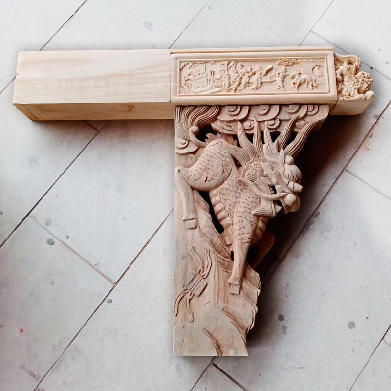 New product Dongyang woodcarving Chinese style antique garden temple decoration corbel solid wood beam bracket angle flower decal bucket arch customization