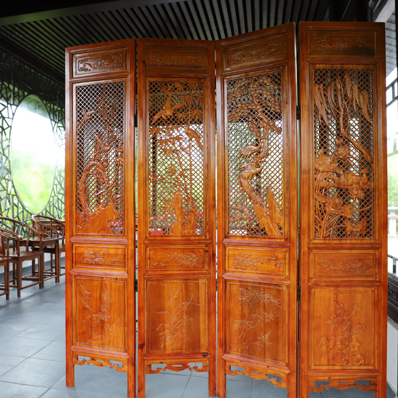 Chinese Antique Style Studio Living Room Office Menache Secret Dongyang Wood Sculpture Solid Wood Moving Folding Screen