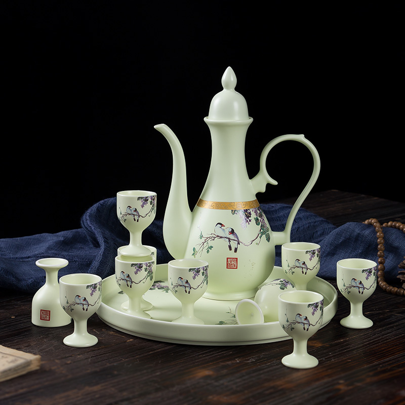 Loway Ceramic Flower Bird Wine Furniture Set Home Chinese Antique Whole Set of Wine Ware High Foot Wine Jug White Wine Glass Small