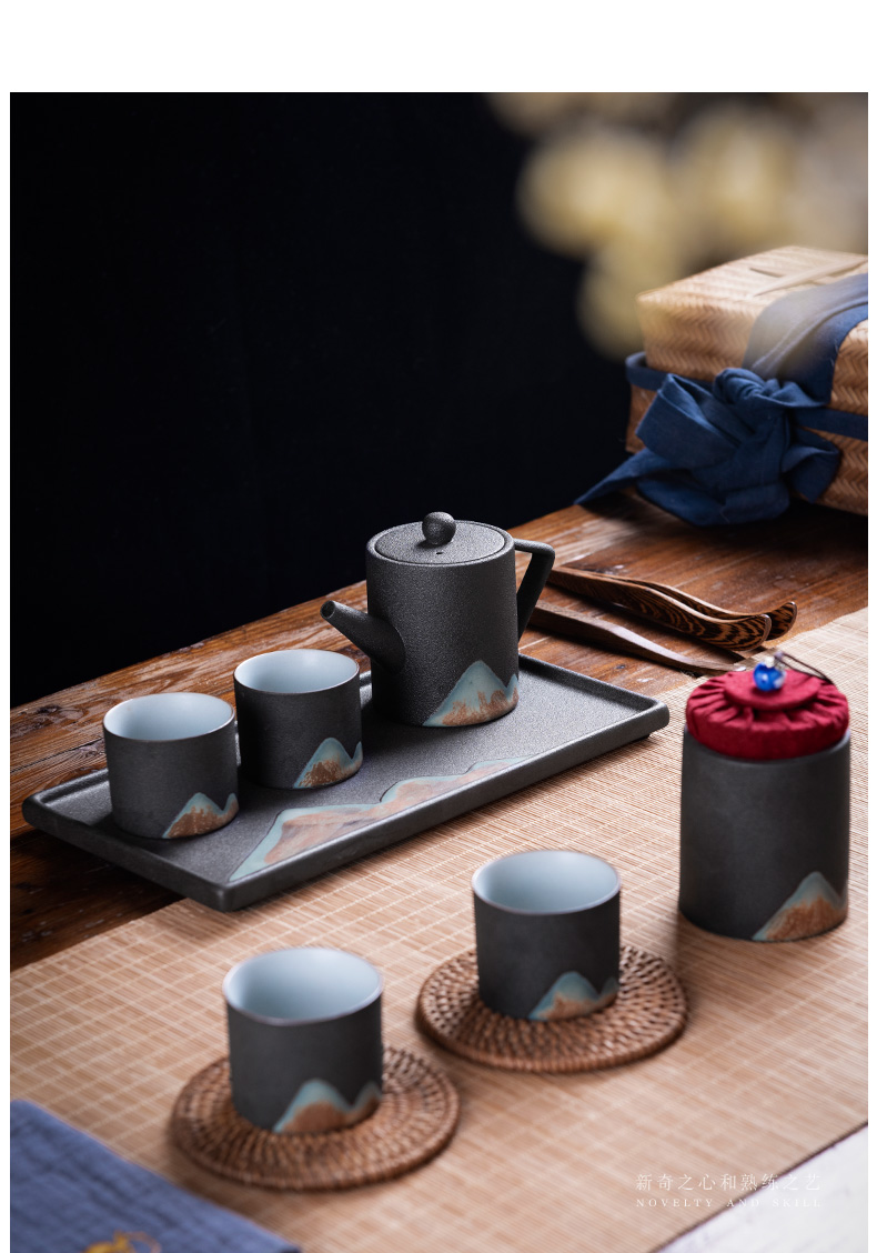 Japanese coarse pottery kung fu tea set suit household zen ceramic teapot household contracted tea gift box girder pot