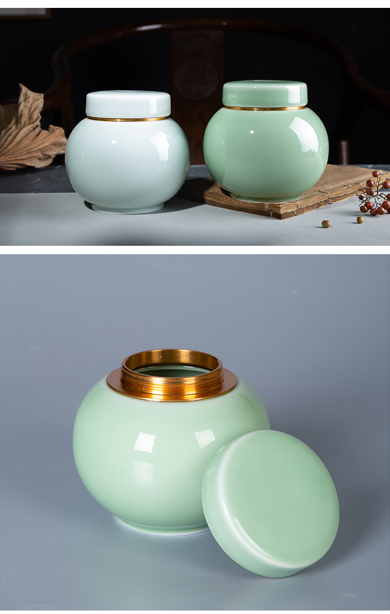 Portable metal caddy fixings tea boxes mini household seal trumpet pu - erh tea store receives ceramic celadon