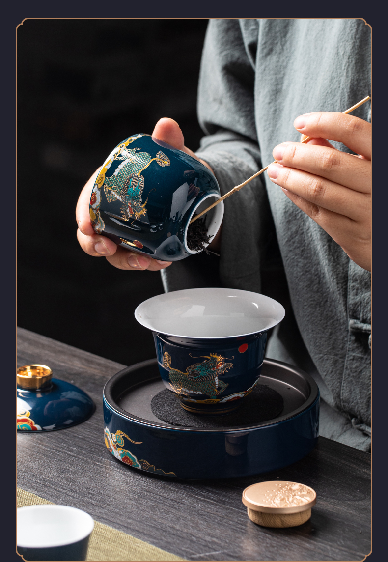 Kung fu tea set gift box, ceramics household light Chinese high - end key-2 luxury ji blue lid bowl of a complete set of tea cups