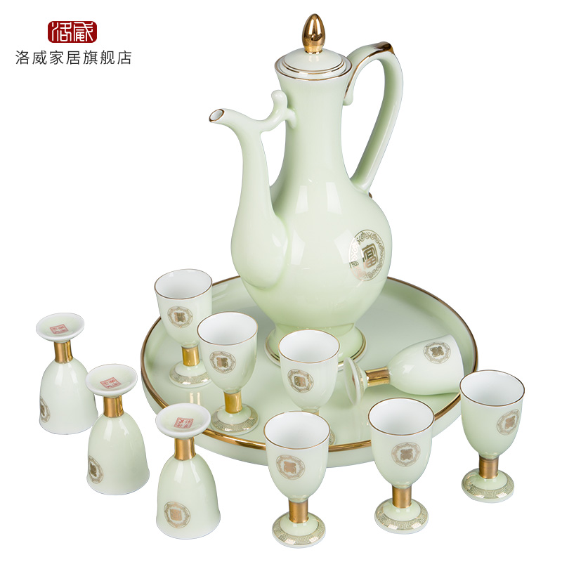 Jingdezhen wine suits for ceramic celadon home court of a complete set of antique Chinese jade porcelain paint jar of wine cup