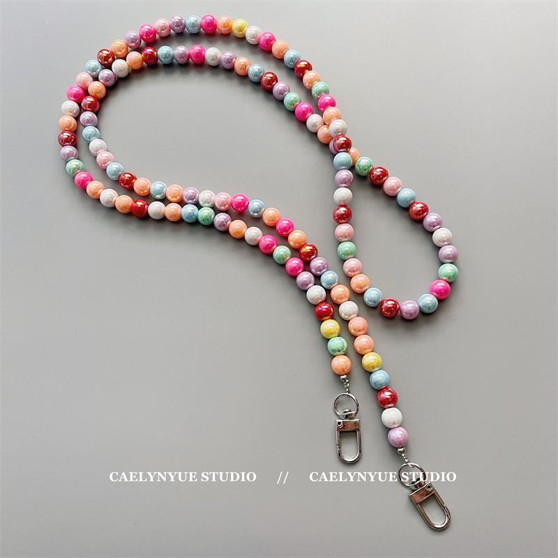 Colorful Acrylic Round Beaded Messenger Phone Chain Fashion Candy Color Neck Phone Shell Anti-Fall Bag Lanyard