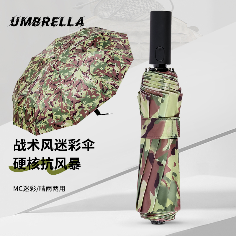 Fully Automatic Camouflage Umbrella, Enlarged, Thickened, Reinforced, Wind-Resistant, Large Size, Men's Sun Protection, Sunshade, Dual-Use for Rain and Sun, Tactical Umbrella