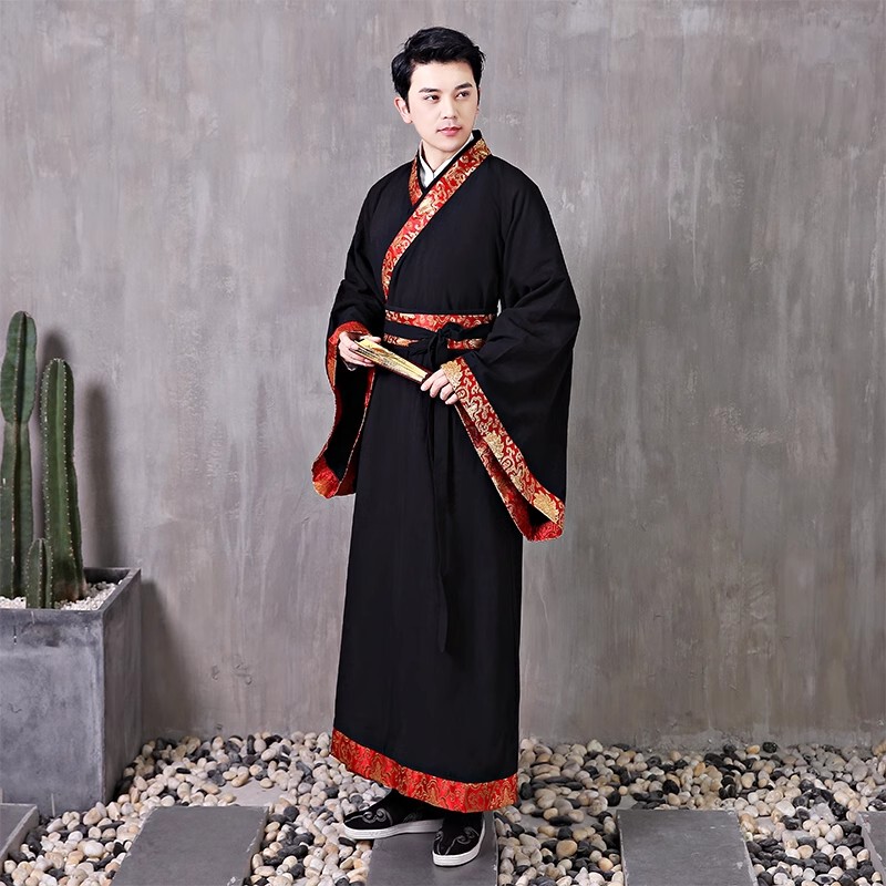Hanfu for Men, Adult Straight Hem Deep Robe, Cotton and Linen Scholar Outfit, Spring and Autumn Chinese Style Ancient Costume, Boys' Traditional Chinese Clothing, Adult Ceremonial Attire