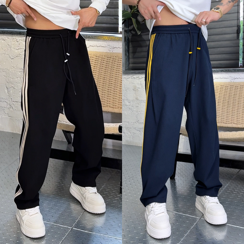 Spring New Trendy Waffle Texture Sports-Style Men's Straight-Leg Sweatpants with Loose Drawstring Casual Long Pants