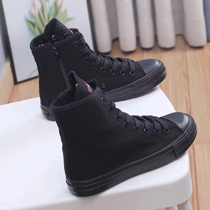 High-Top Canvas Shoes for Women, 2026 Early Spring New Style, Side Zipper Boots, Large Size, Height-Increasing Sneakers, Black Mid-Calf Boots