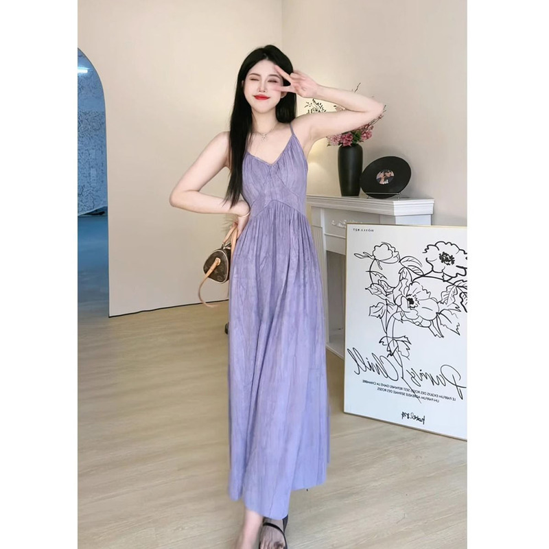French-Style Beautiful and Unique Super-Attractive Purple Spaghetti Strap Dress for Women, Early Spring Design, Niche Seaside Vacation Long Dress