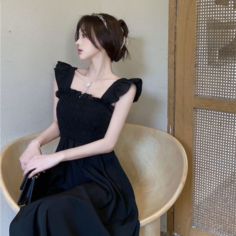 2026 Summer New Ruffled Square Neck Strap Dress for Women, Hepburn Style Slimming Waist with Small Flutter Sleeves Little Black Dress 2026 Summer New Ruffled Square Neck Strap Dress for Women, Hepburn Style Slimming Waist with Small Flutter Sleeves Little Black Dress