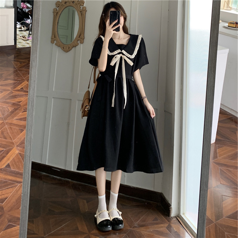 College Style Hepburn Little Black Dress with Doll Collar, Short-Sleeved Dress for Women, Summer French High-End Niche Design Long Dress