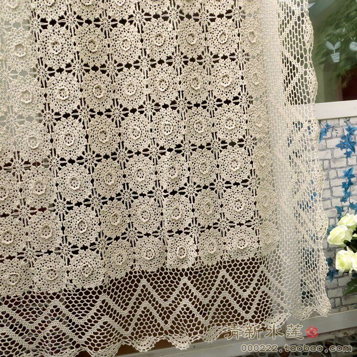 清新水莲 纯手工钩针钩花棉线镂空编织美式乡村装饰透光窗帘 窗幔