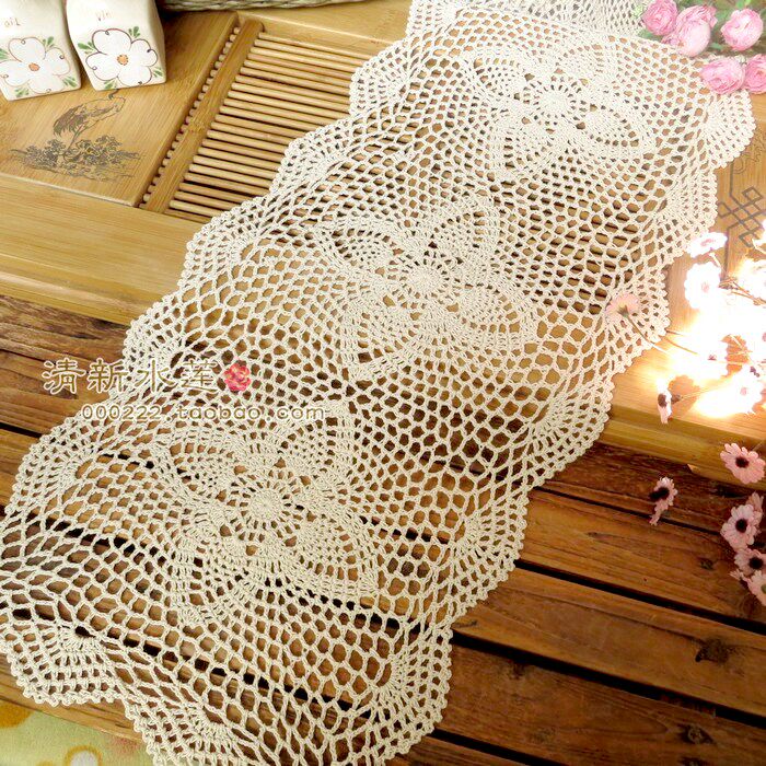 清新水莲 纯手工钩针钩花棉蕾丝镂空编织万能装饰盖布巾 桌旗米白