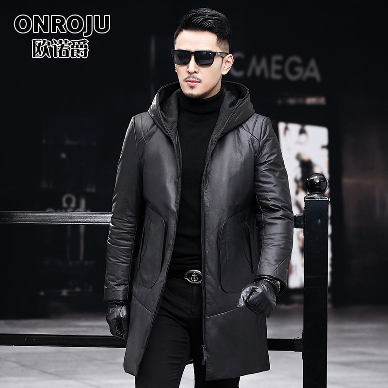 Henning genuine leather leather clothing male head layer cow leather medium long version down jacket 2021 winter dress with cap thickened leather windcoat jacket