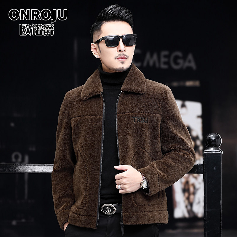 Henning sheep cut down big coat men's short section 2021 Winter leather clothes middle-aged composite fur integrated wool fur straw jacket