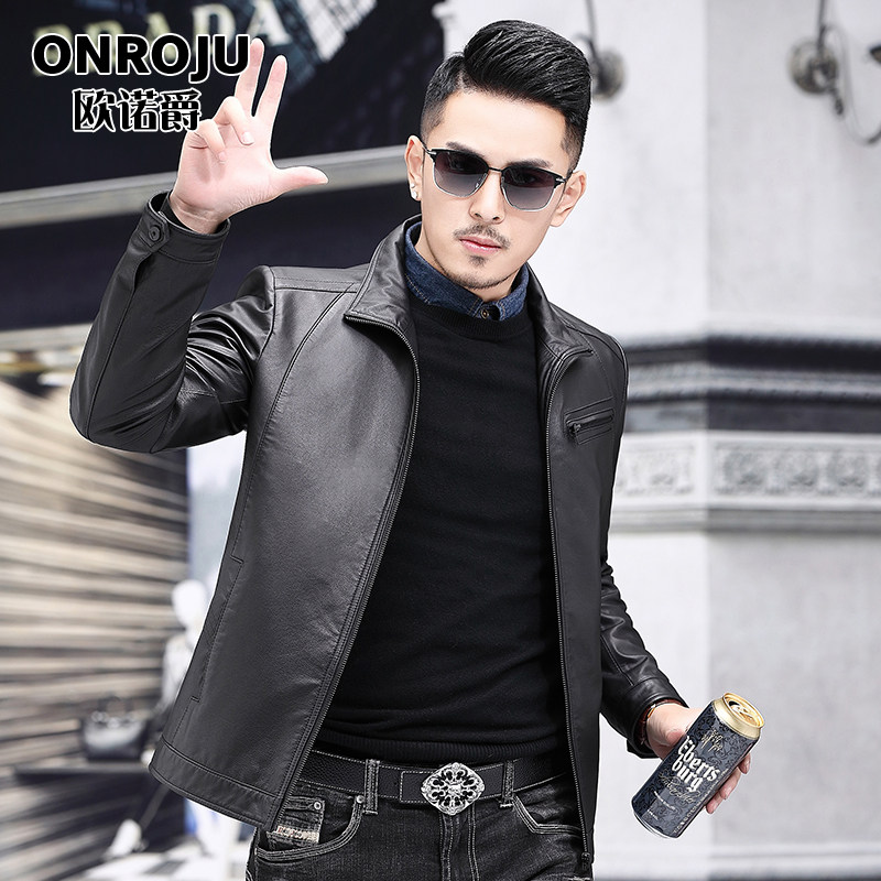 Haining leather men's first layer tire leather autumn slim short motorcycle leather jacket thin down jacket coat