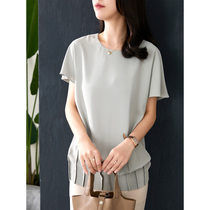 U home solid color short sleeve T-shirt female 2021 summer new Korean version loose design sense western style pleated ladies top