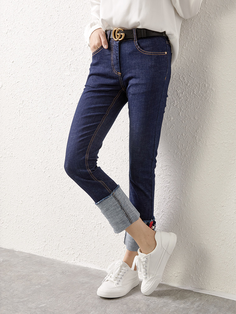 U Home Dark Blue High Waist Display Slim Jeans Casual 100 Lap Straight Barrel Pants Children Spring Autumn 2022 new Korean version