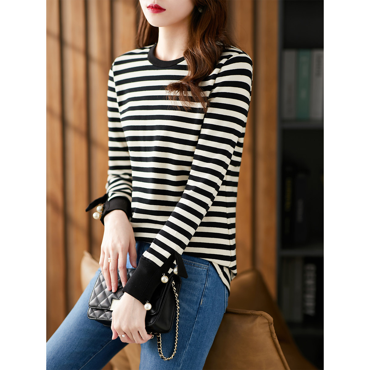 U long-sleeved striped knitted base shirt women's 2021 spring new Korean version loose and wild long-sleeved T-shirt women