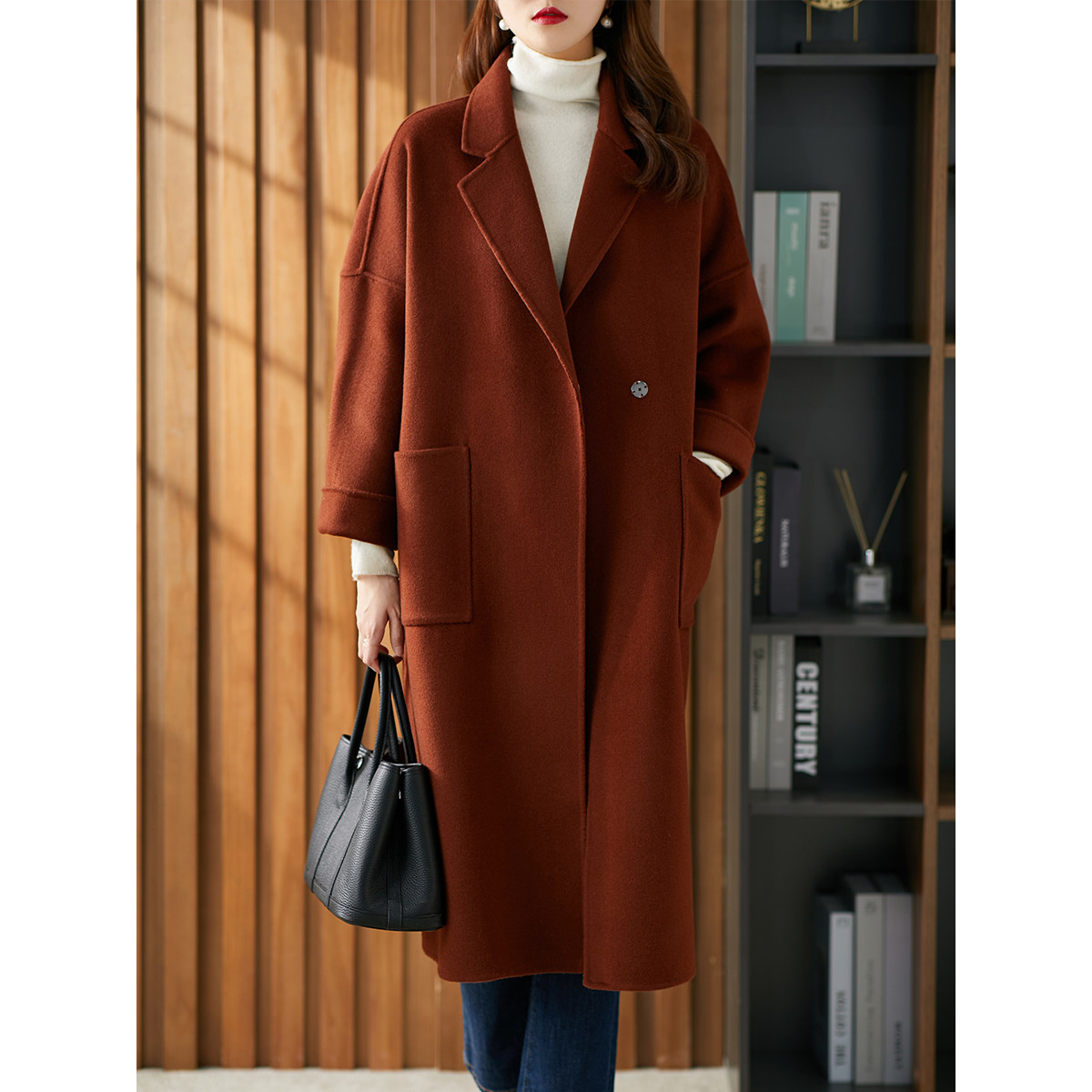 Ujia fashion wool woolen coat women's mid-length 2022 autumn and winter new large size slit loose woolen coat