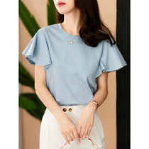 U Home short sleeve T-shirt female 2021 summer new Korean petal sleeve solid color large size harbor style casual lady top